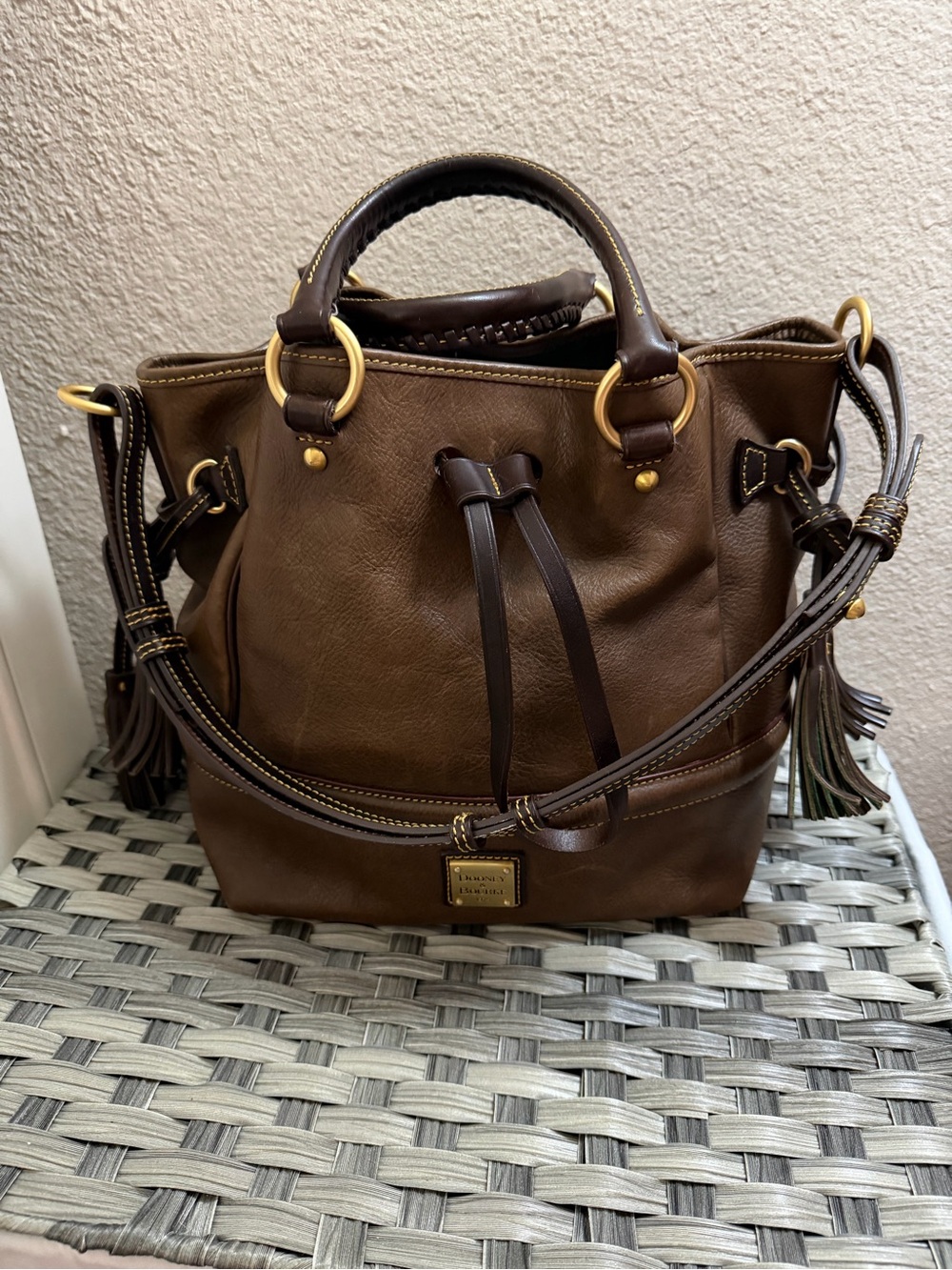 Dooney & Bourke Florentine Buckley Brown Leather Drawstring Satchel with Tassels - Picture 1 of 16